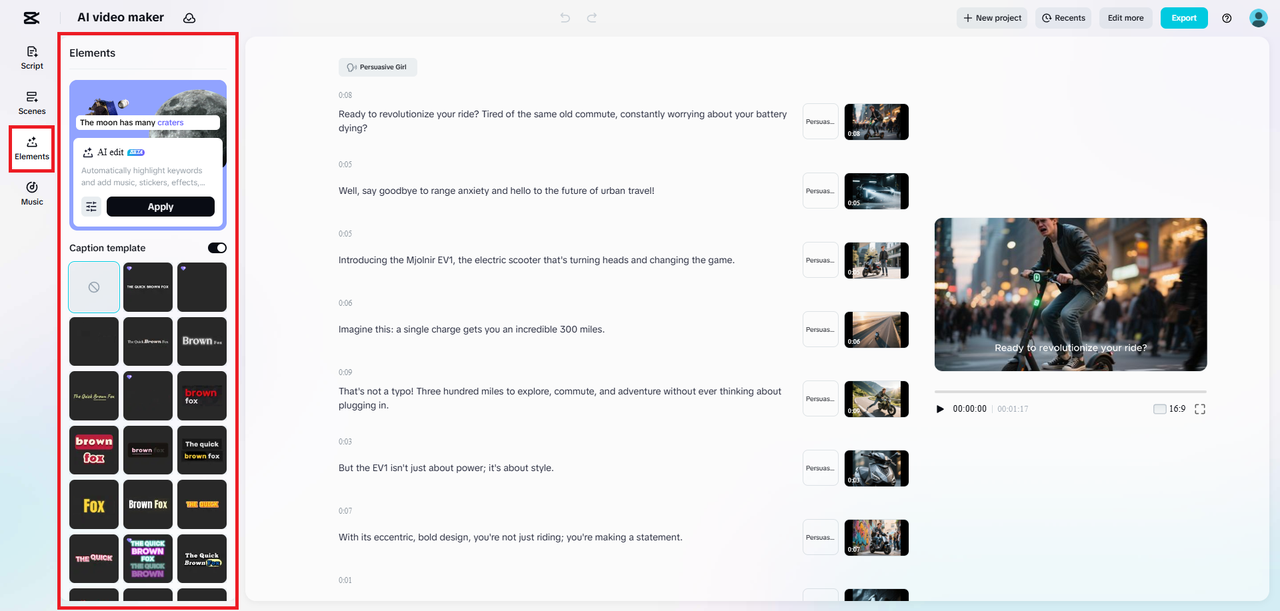 Enhance your video with caption templates and AI edit