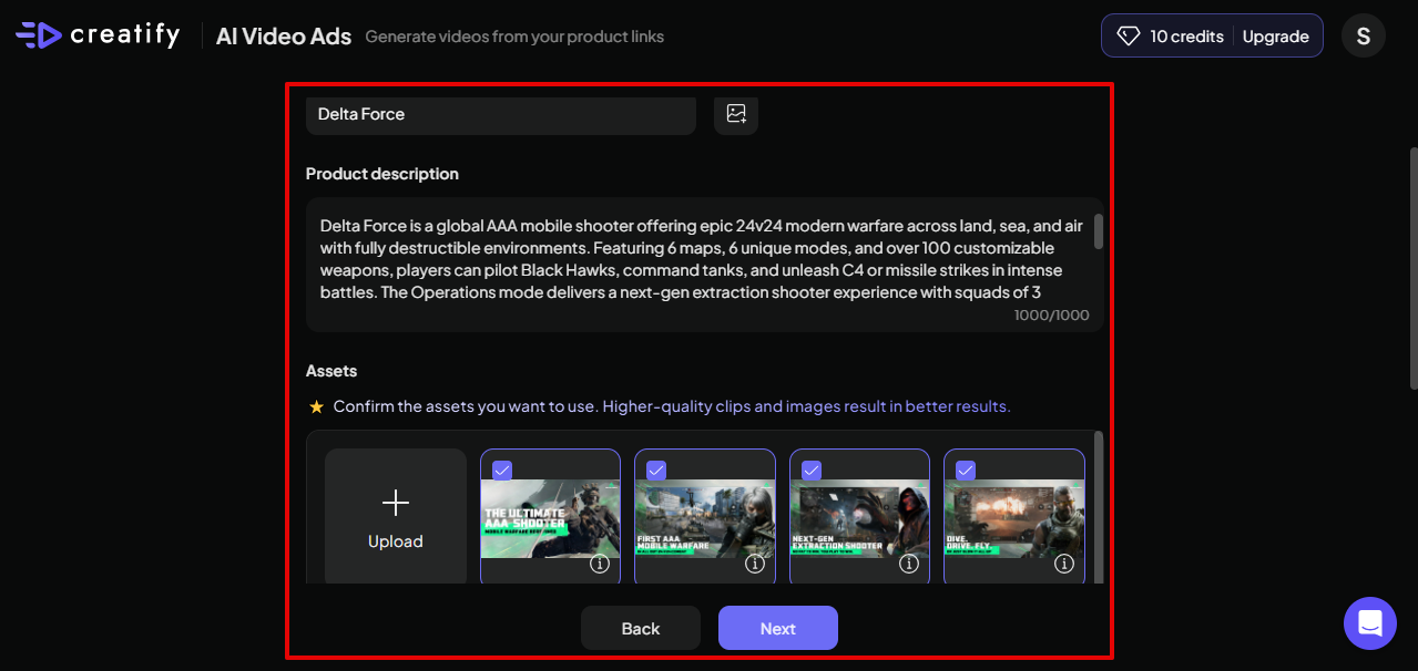 Creatify link to video