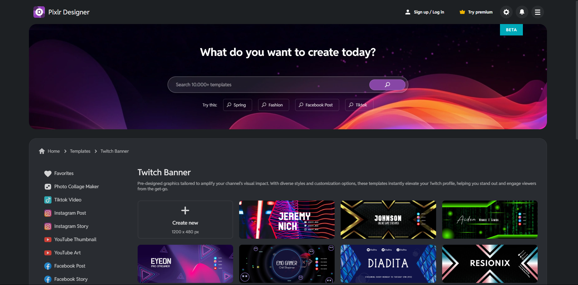 Pixlr - alat terbaik untuk mengakses templat banner Twitch