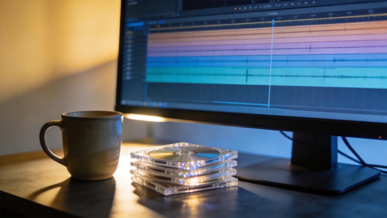 Stack of CD cases beside a mug on a desk in front of a video editing monitor