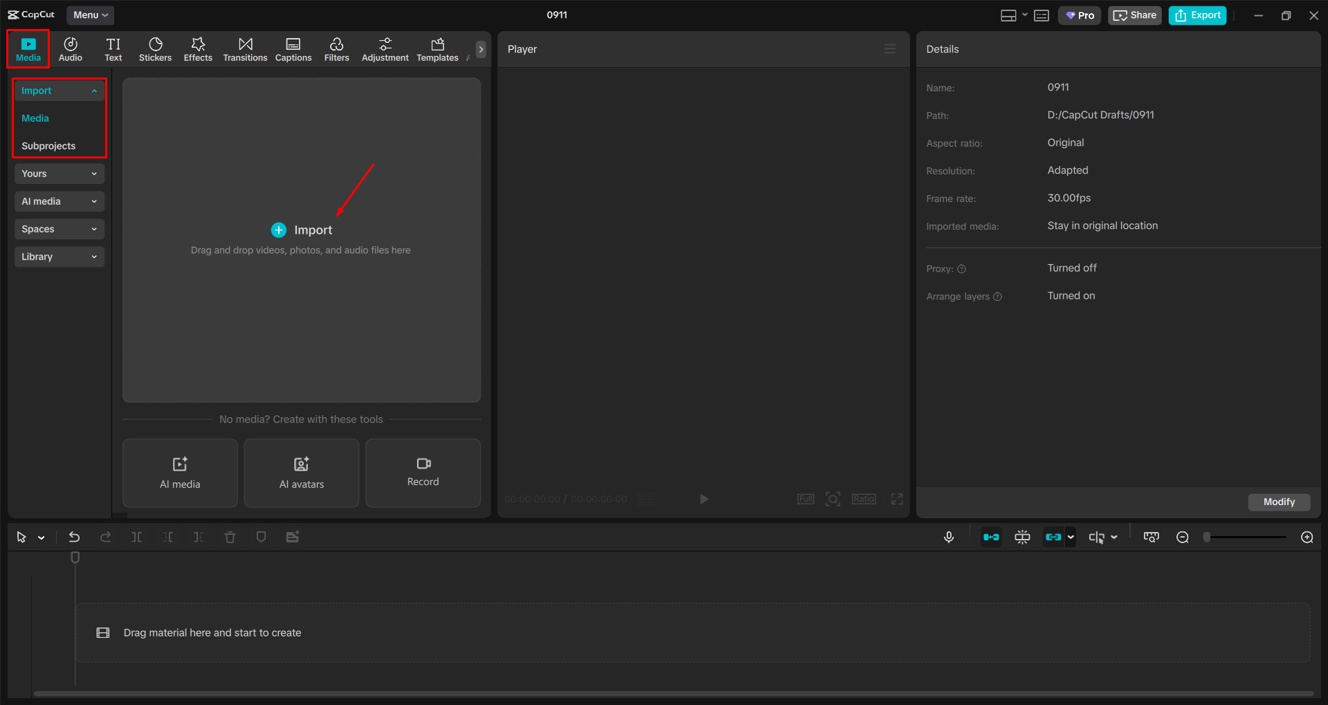 Mengimpor video ke dalam CapCut editor video desktop