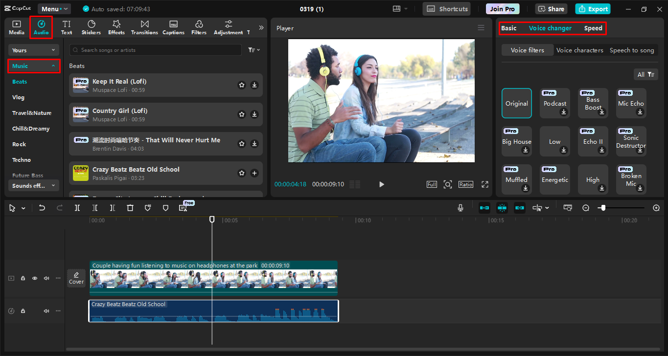 Menambahkan dan meningkatkan soundtrack di CapCut editor video desktop
