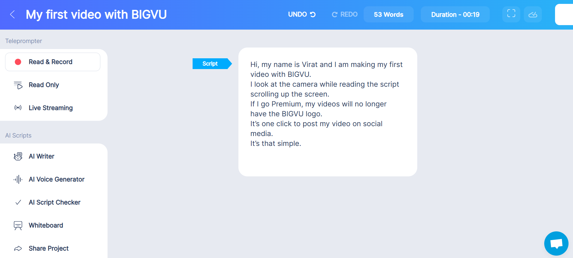 BigVu online teleprompter interface
