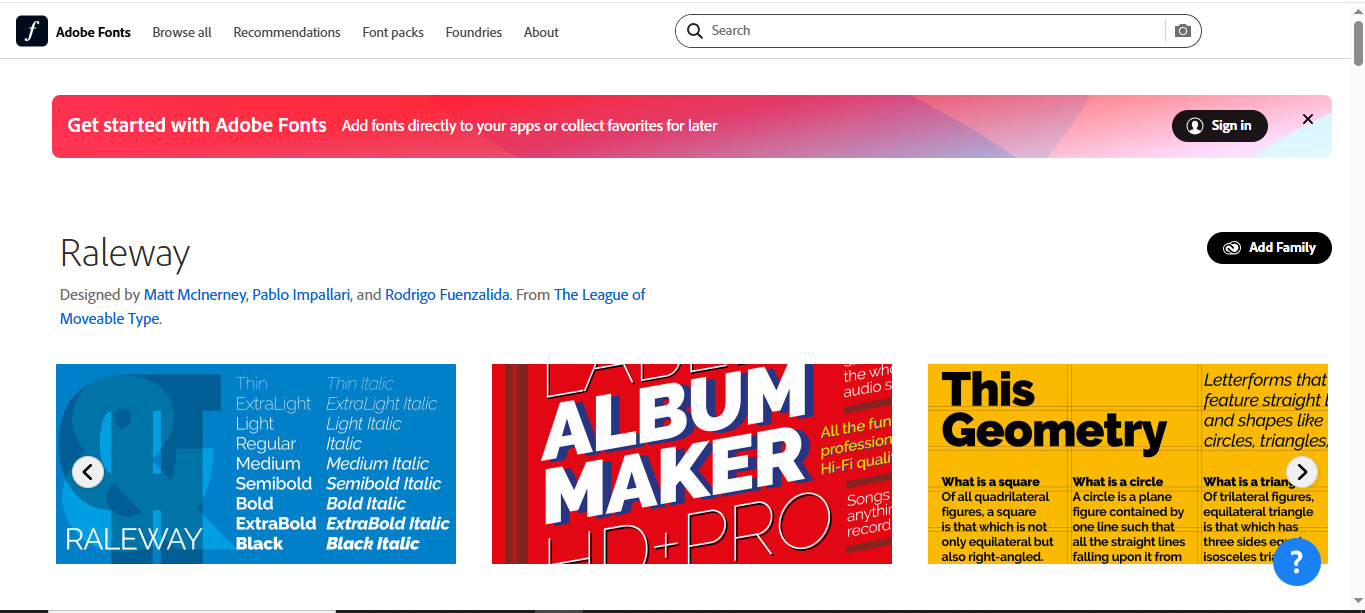 Giao diện của Adobe Fonts - công cụ tốt nhất để tải về phông chữ Raleway miễn phí