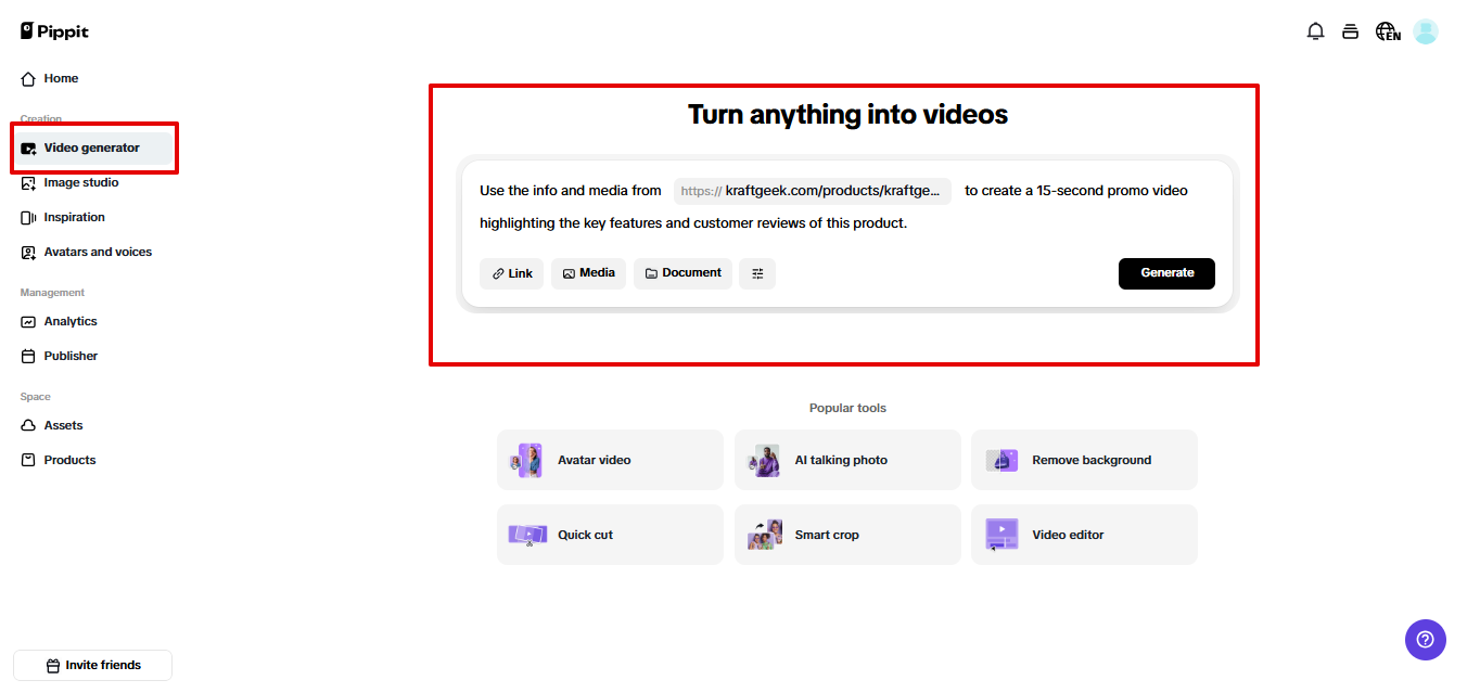 Opening video generator in Pippit
