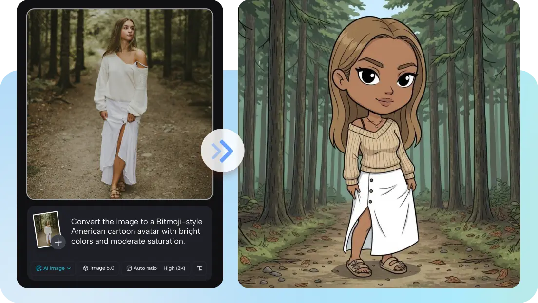  AI bitmoji maker turning photo into cartoon avatar with customizable text.