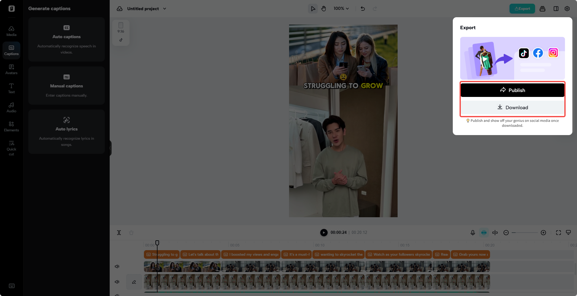 Terbitkan atau muat turun video yang anda cipta