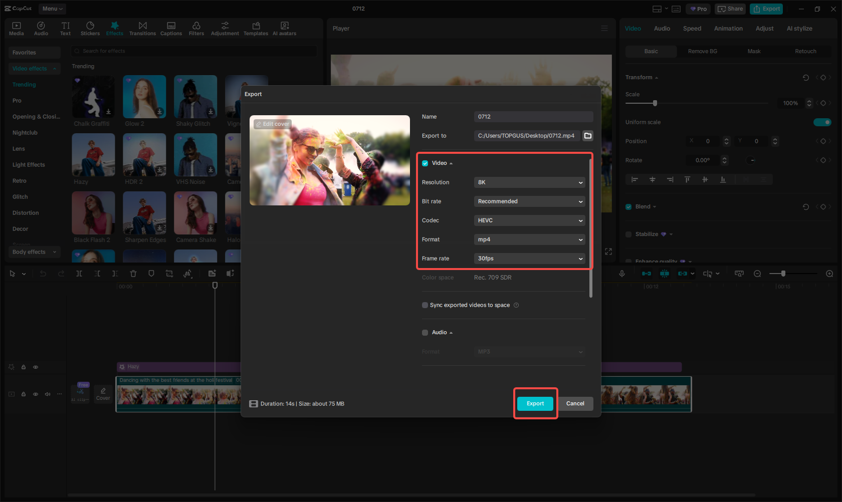 Esportazione del video di sfondo musicale del festival in CapCut