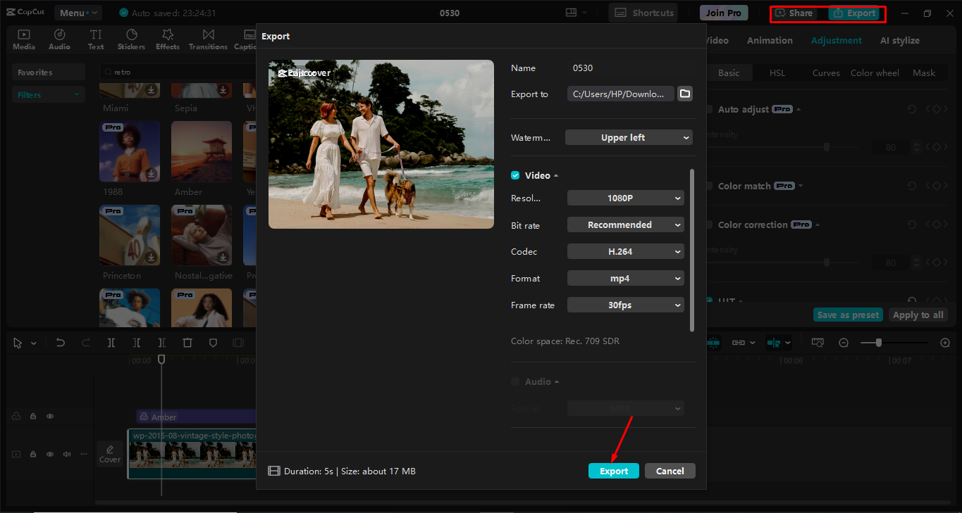 Exporting media from the CapCut desktop video editor