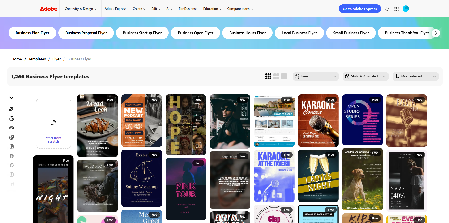 Interface of Adobe Express - a good tool to get free business flyer templates