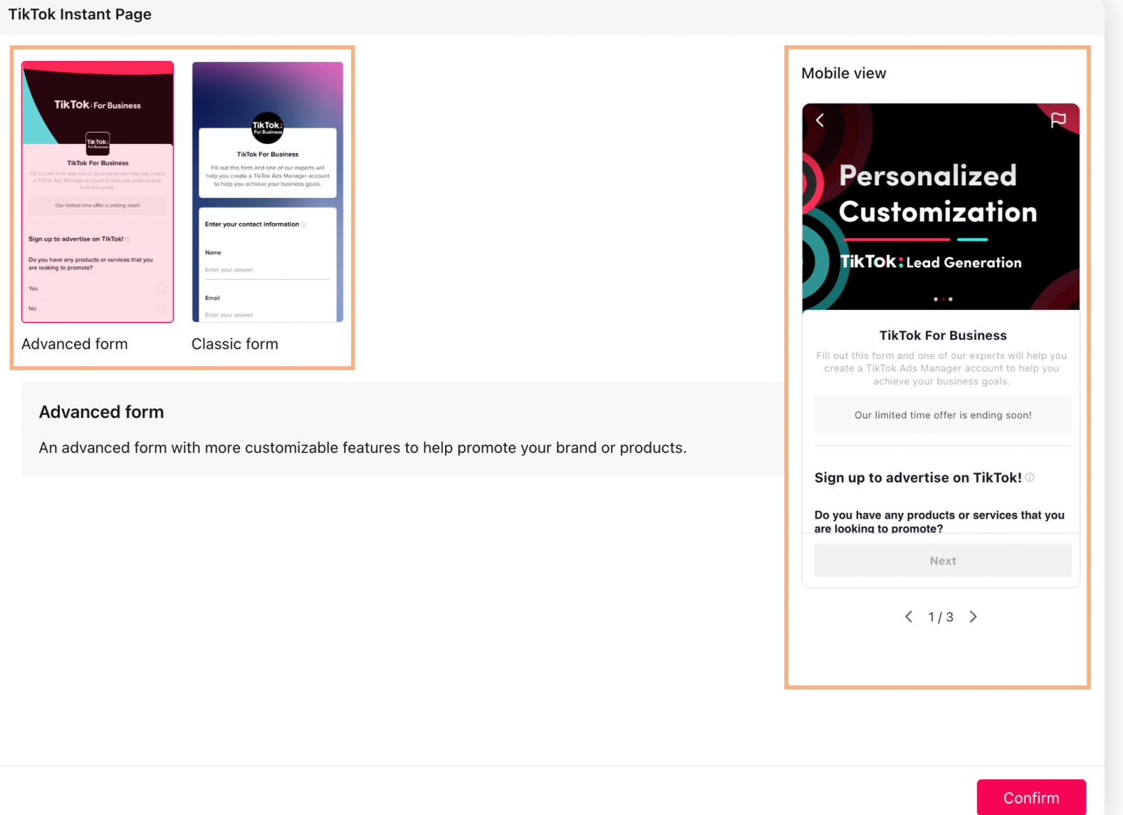Adicionando um novo formulário para a conta do TikTok