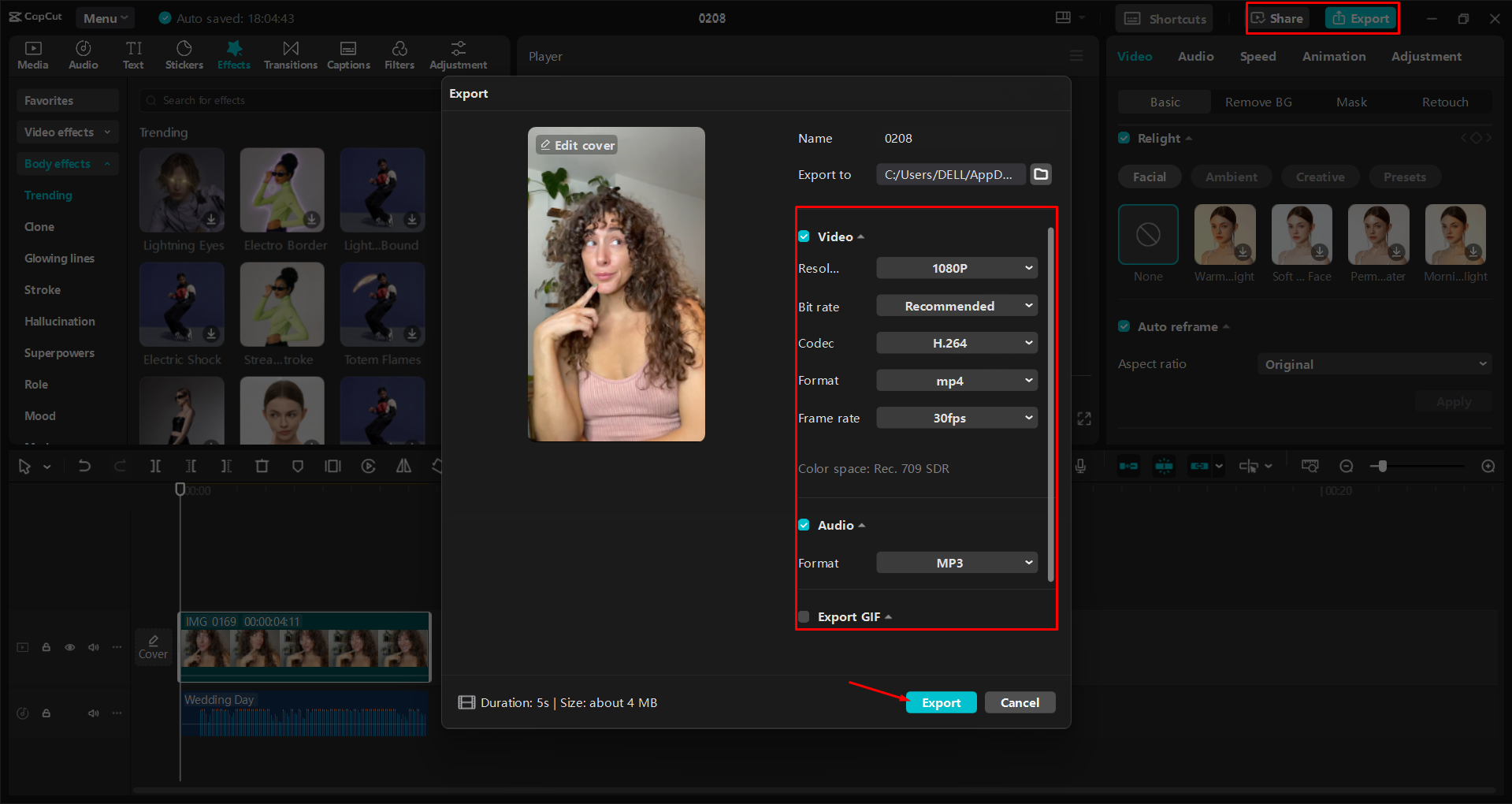 Esportazione di un video dall' CapCut editor video desktop