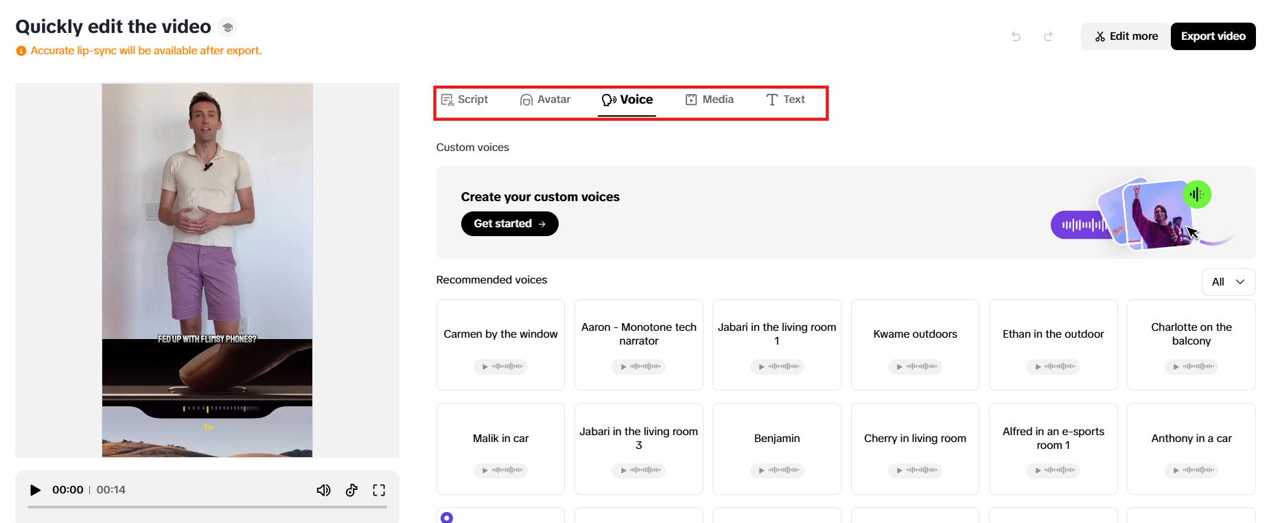 Modify script, avatar, voice, media and text