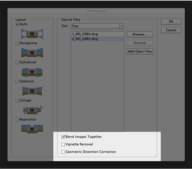 Auswahl einer Layout-Option zum Zusammenfügen von Fotos in Photoshop