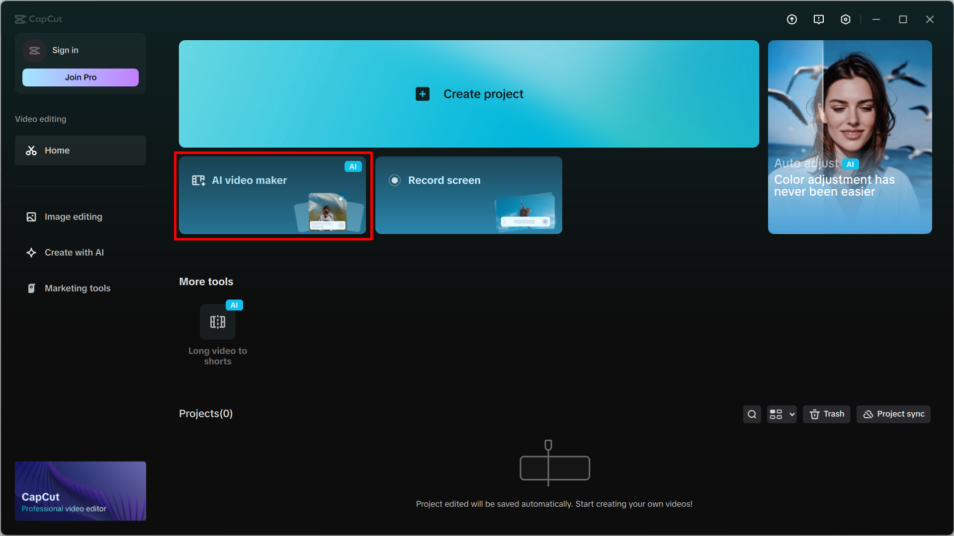 Accessing the AI video maker in the capCut desktop video editor