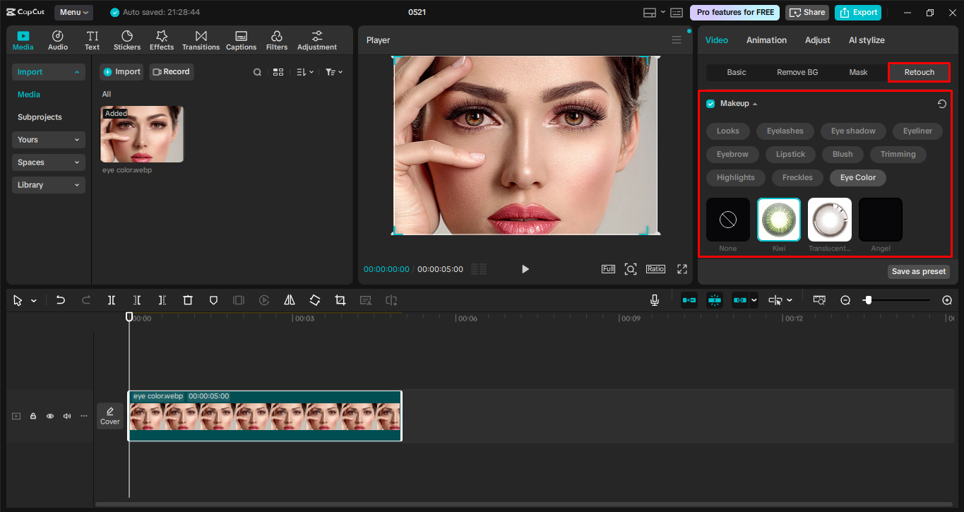 Memodifikasi warna mata di editor video desktop CapCut