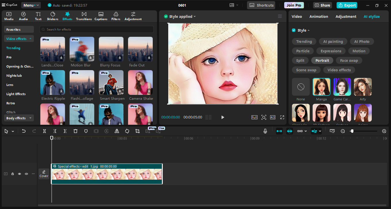 Interfaccia dell' CapCut editor video desktop - lo strumento migliore per trasformare le foto in cartoni animati