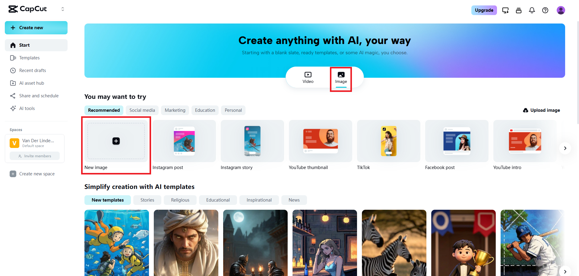Select the upload image option