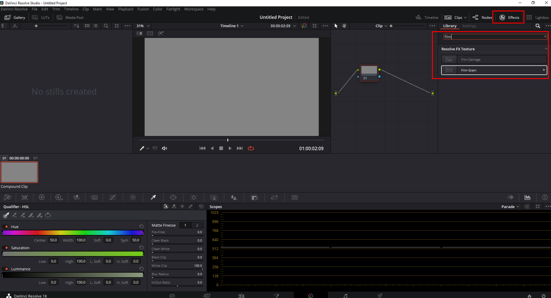 Pag-access sa butil ng pelikula sa DaVinci Resolve