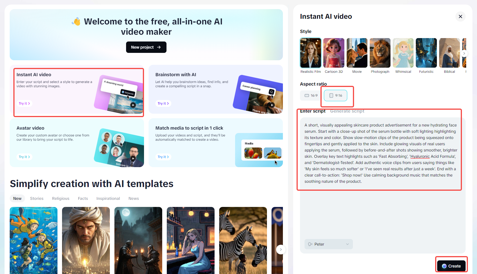 Accédez au créateur vidéo IA et entrez une invite de texte