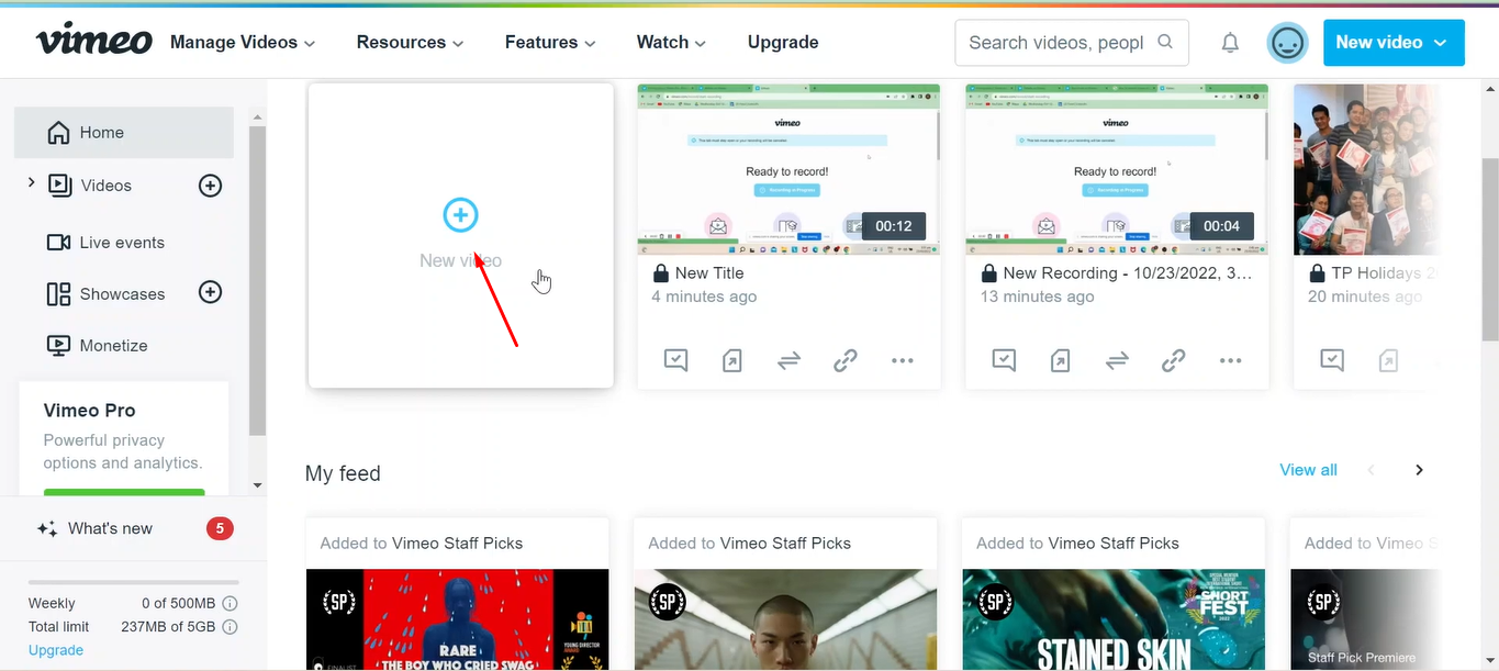 Selecting your recording on the Vimeo screen recorder