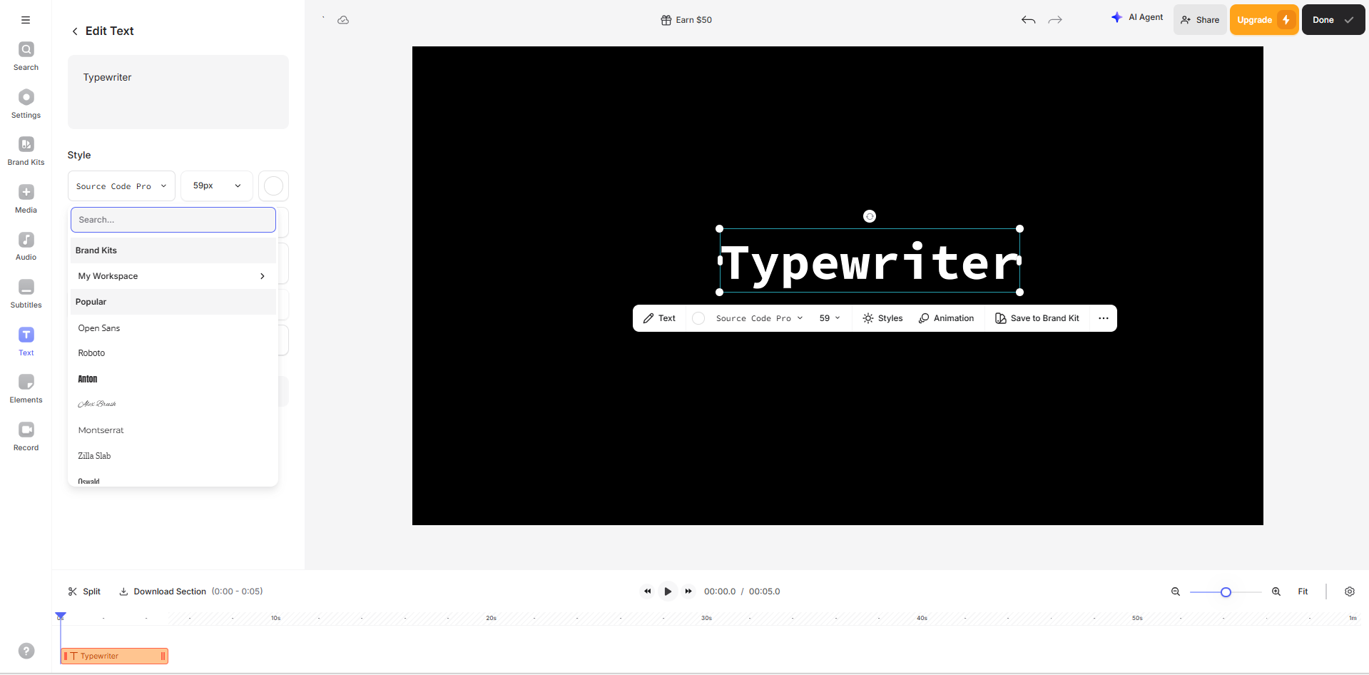 Interfaz de Veed - un generador de video de texto animado fácil de usar