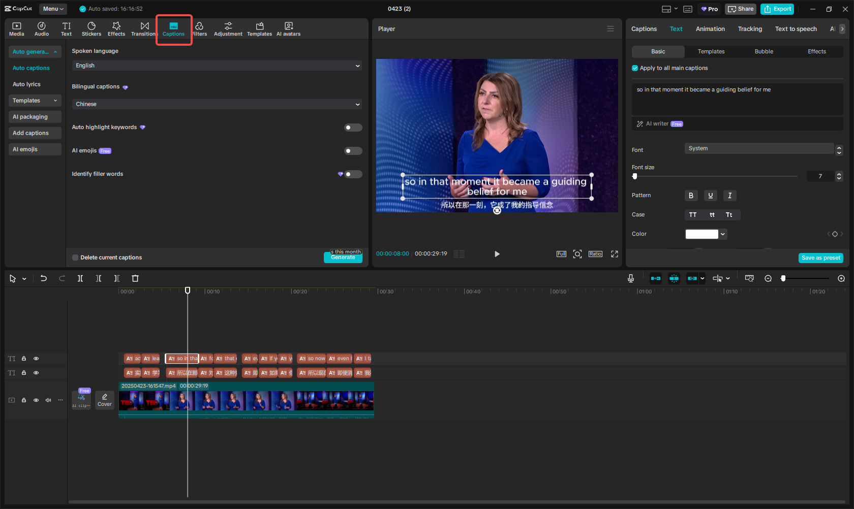 CapCut's auto captions feature