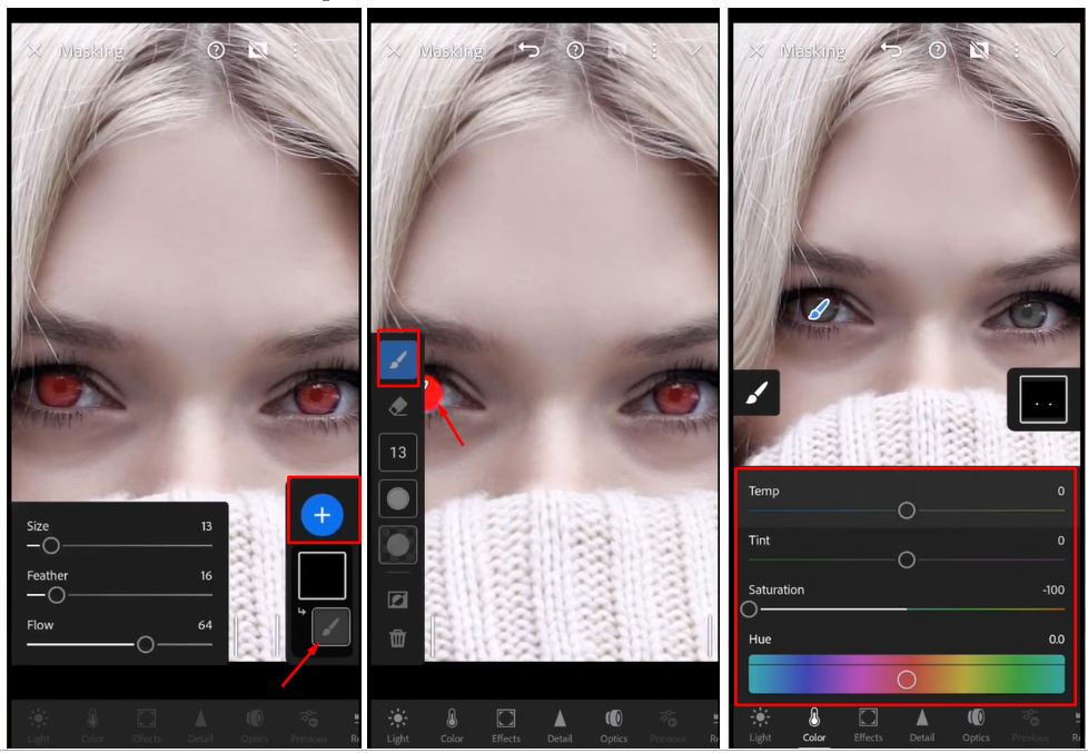 Imagen que muestra cómo hacer corrección de ojos rojos en Lightroom usando ediciones selectivas