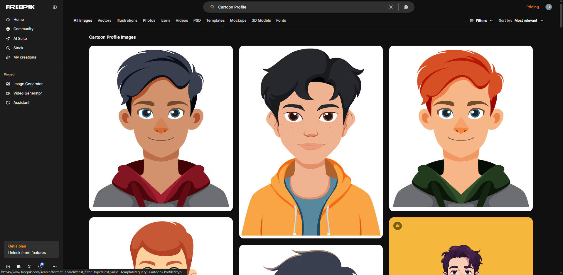 Interfaz de Freepik: otro recurso para imágenes de perfil estilo caricatura para Instagram.