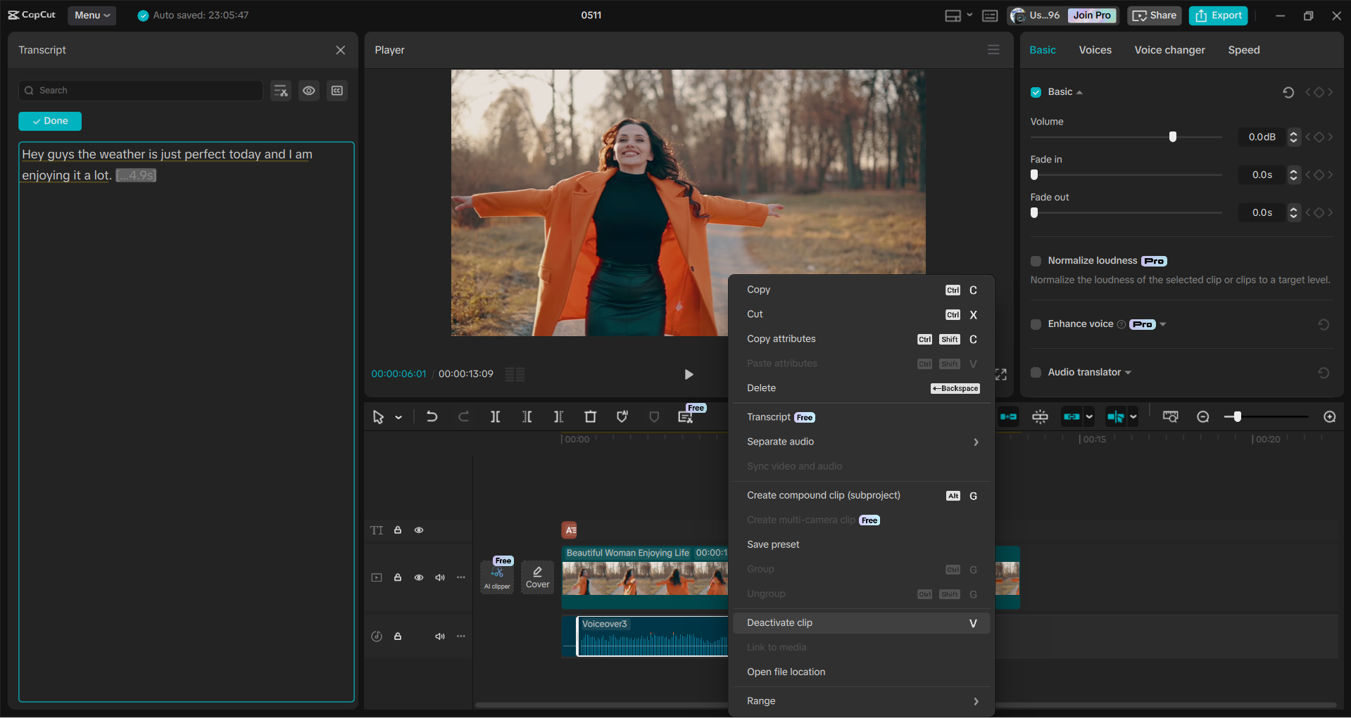 Interface do editor de vídeo para desktop CapCut - uma maneira rápida de transcrever um vídeo do YouTube