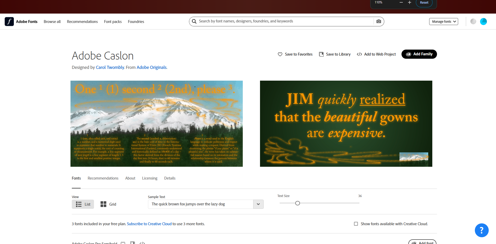 Antarmuka Adobe Fonts - situs yang paling disukai untuk mendapatkan font Caslon yang berani