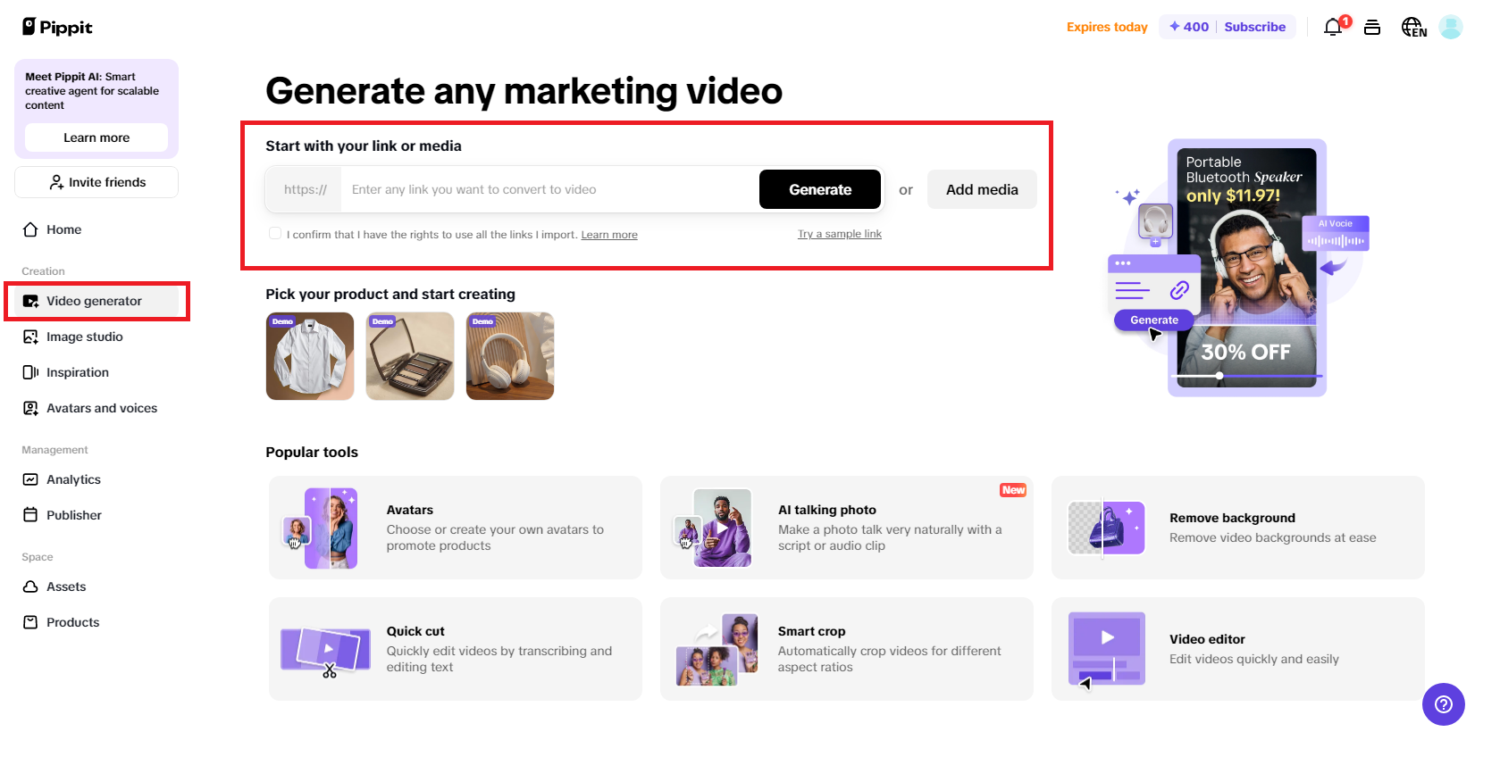 Select the one-click video generation option