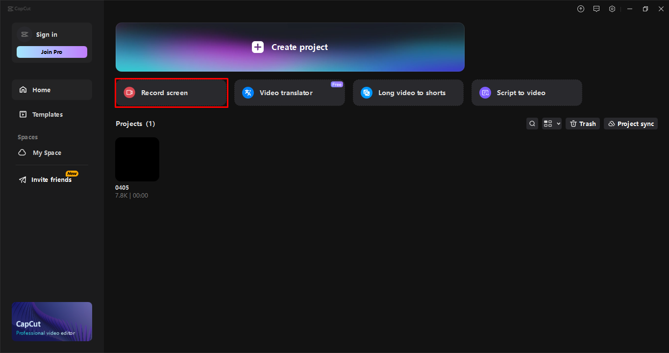 Launching screen recorder in the CapCut desktop video editor
