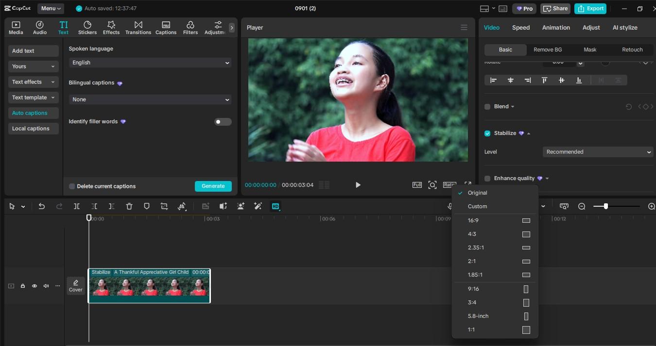 Interfaccia di modifica dell' CapCut editor video desktop