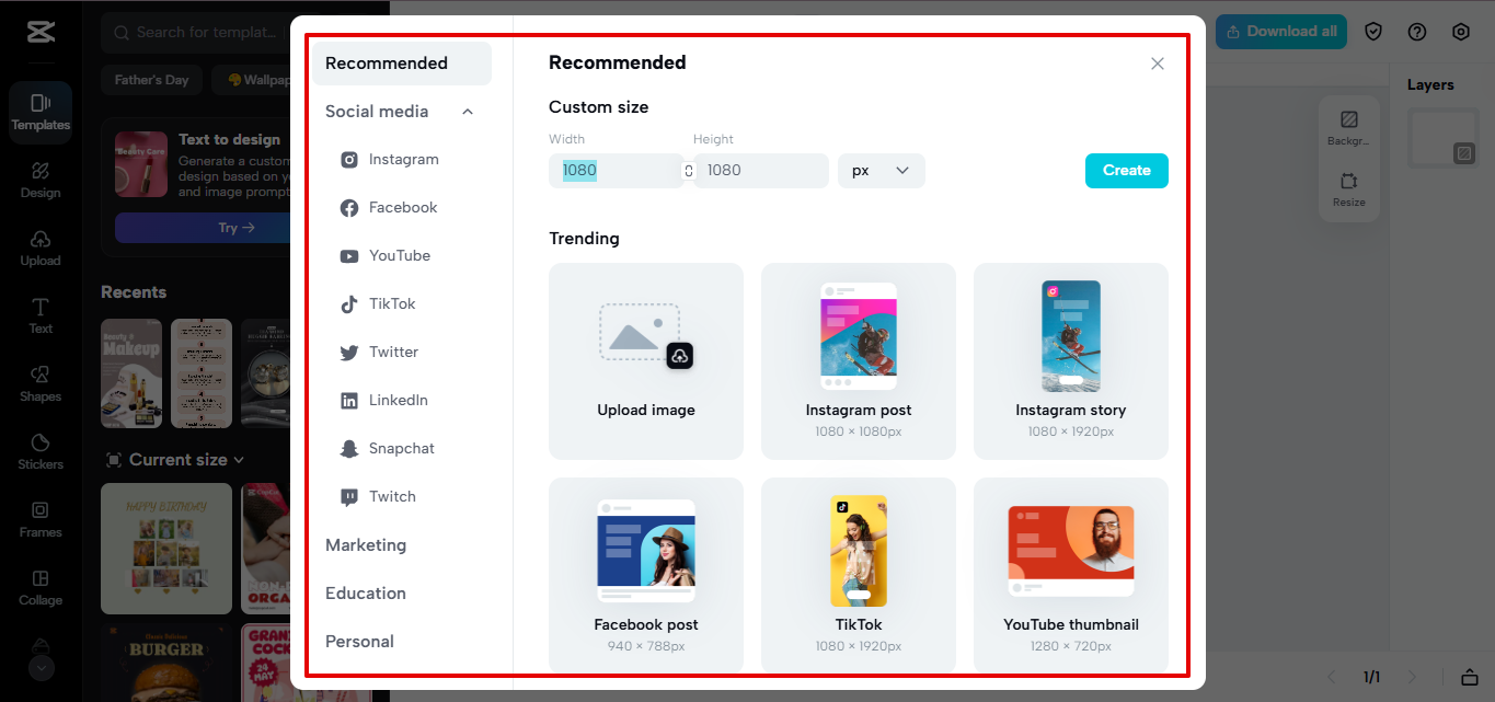 Impostare la dimensione della tela per la griglia bento in CapCut Web
