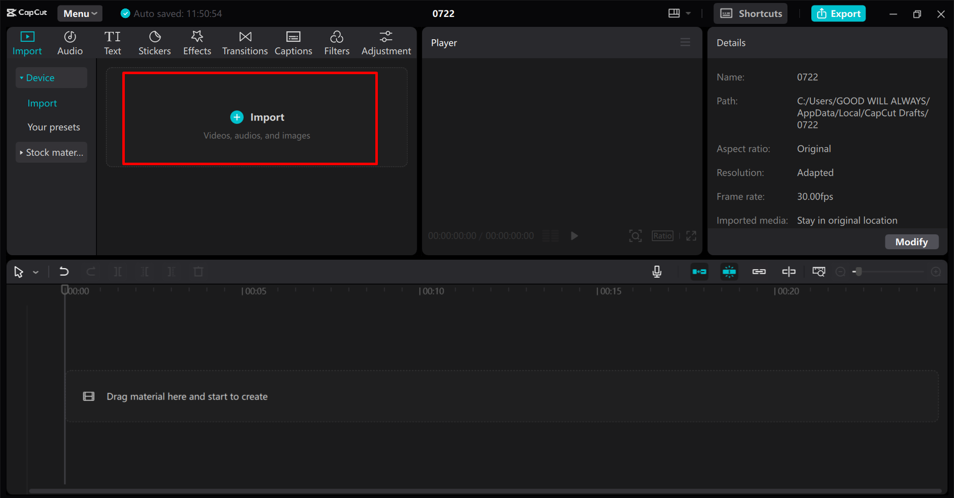 Alt text: Importing a video in the CapCut to remove the background