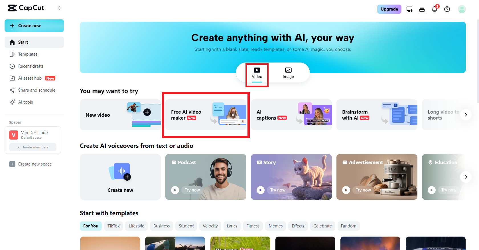 Ücretsiz AI video oluşturucu seçeneğini seçin.