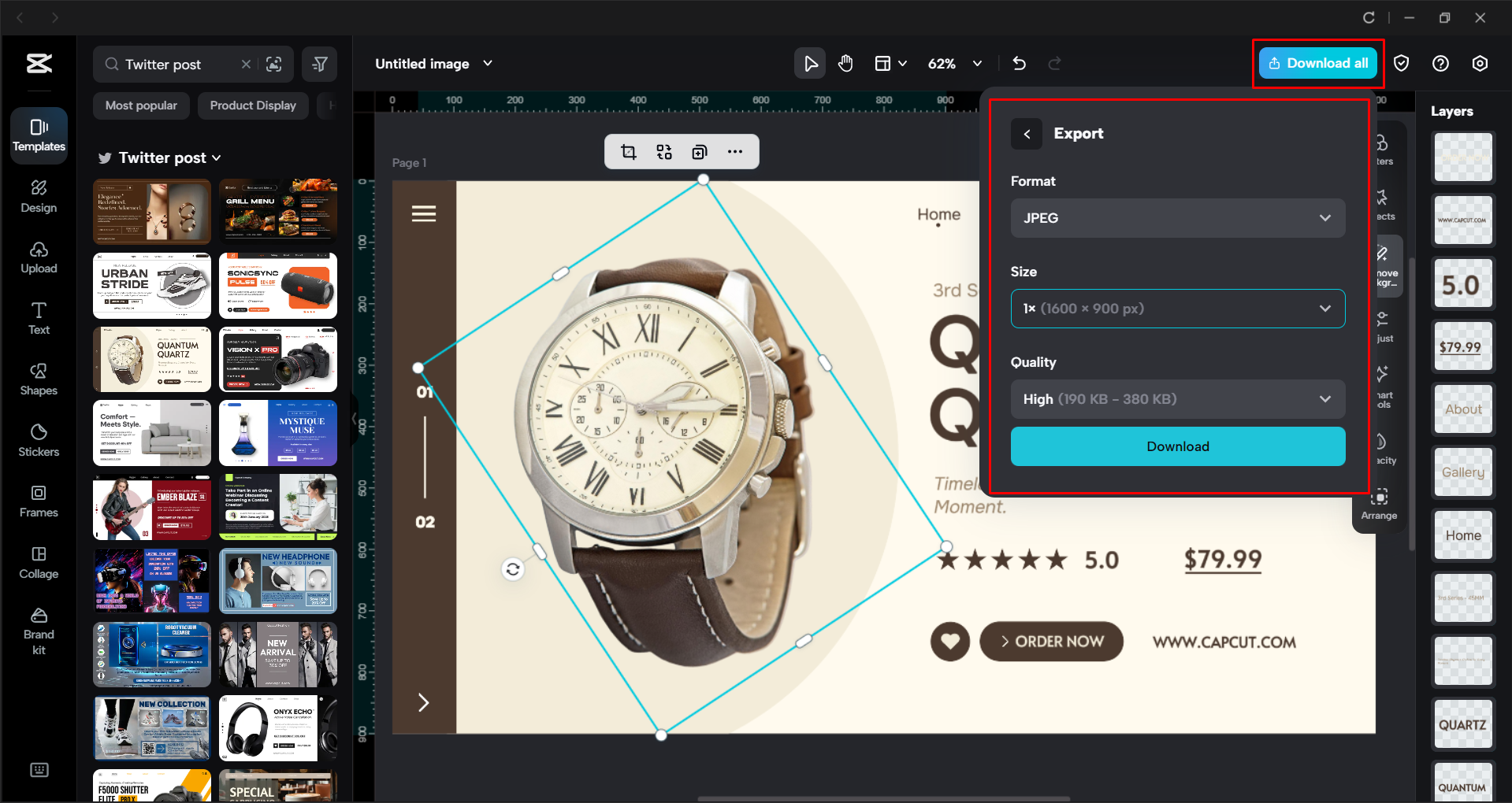 Exporting a Twitter post from the CapCut desktop video editor