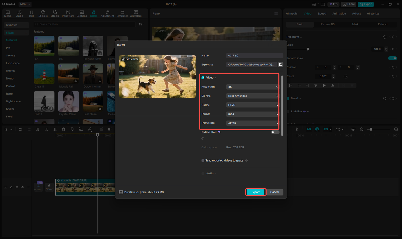 Exporting the video in CapCut