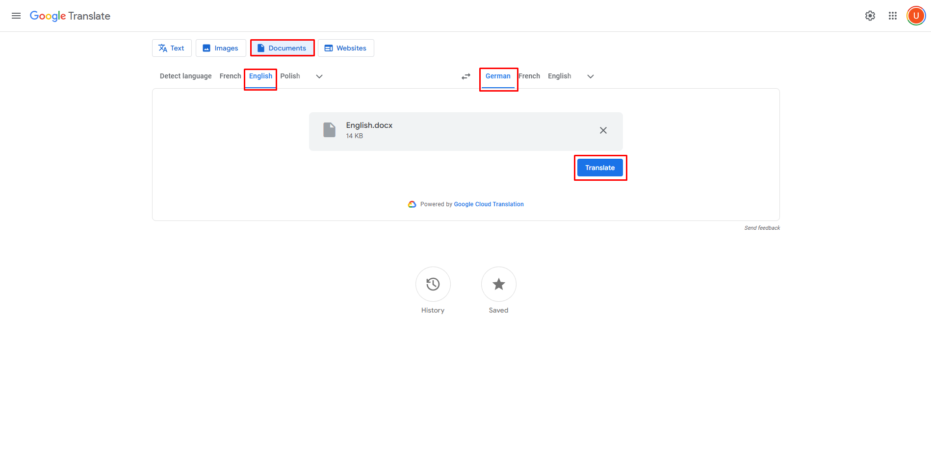 Översätta ett engelskt dokument till tyska med Google Translate