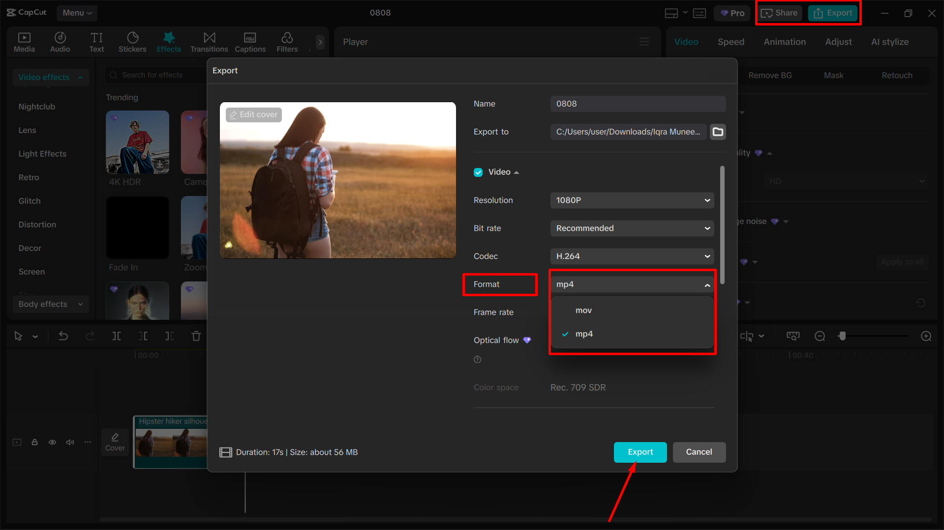 Exportation de vidéo vers l' CapCut éditeur vidéo de bureau