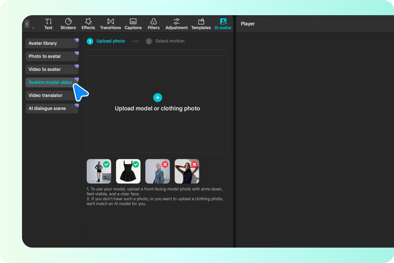 Accessing the Fashion model video tool in CapCut.