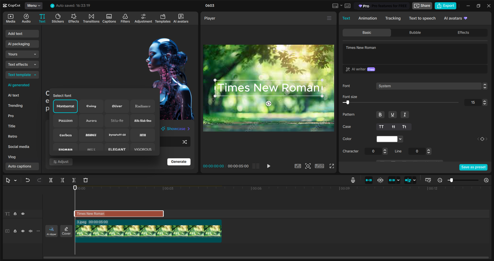 Antarmuka editor video desktop CapCut - generator font Times New Roman yang efisien