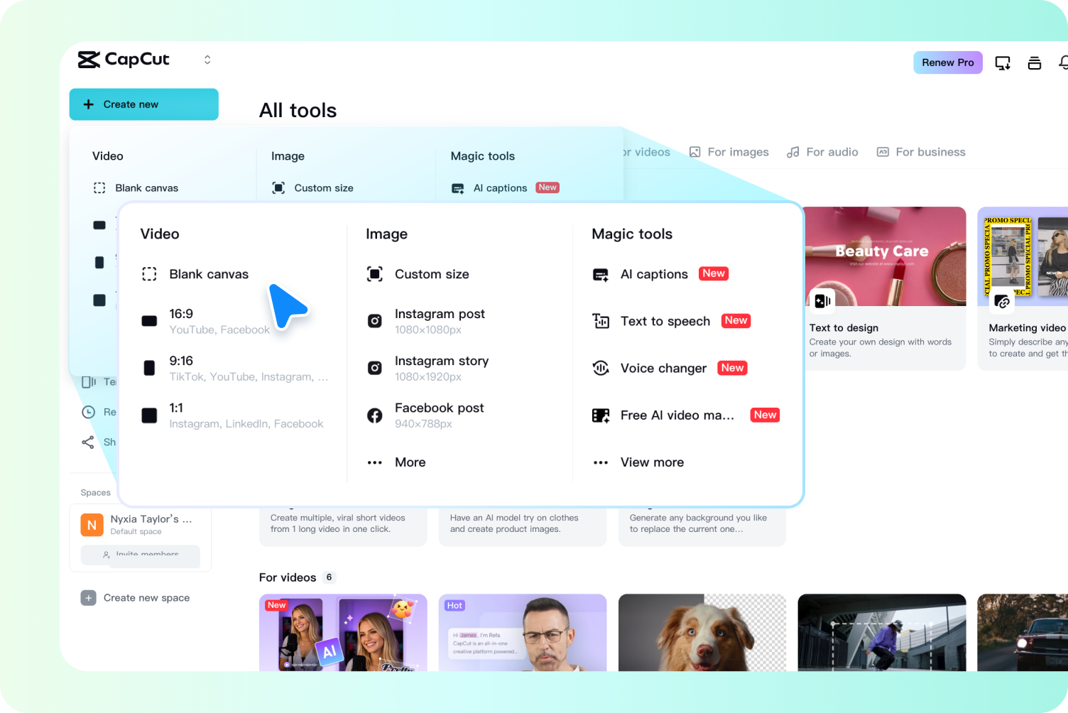 CapCut's All tools menu lists video, image, and magic tools in grouped categories