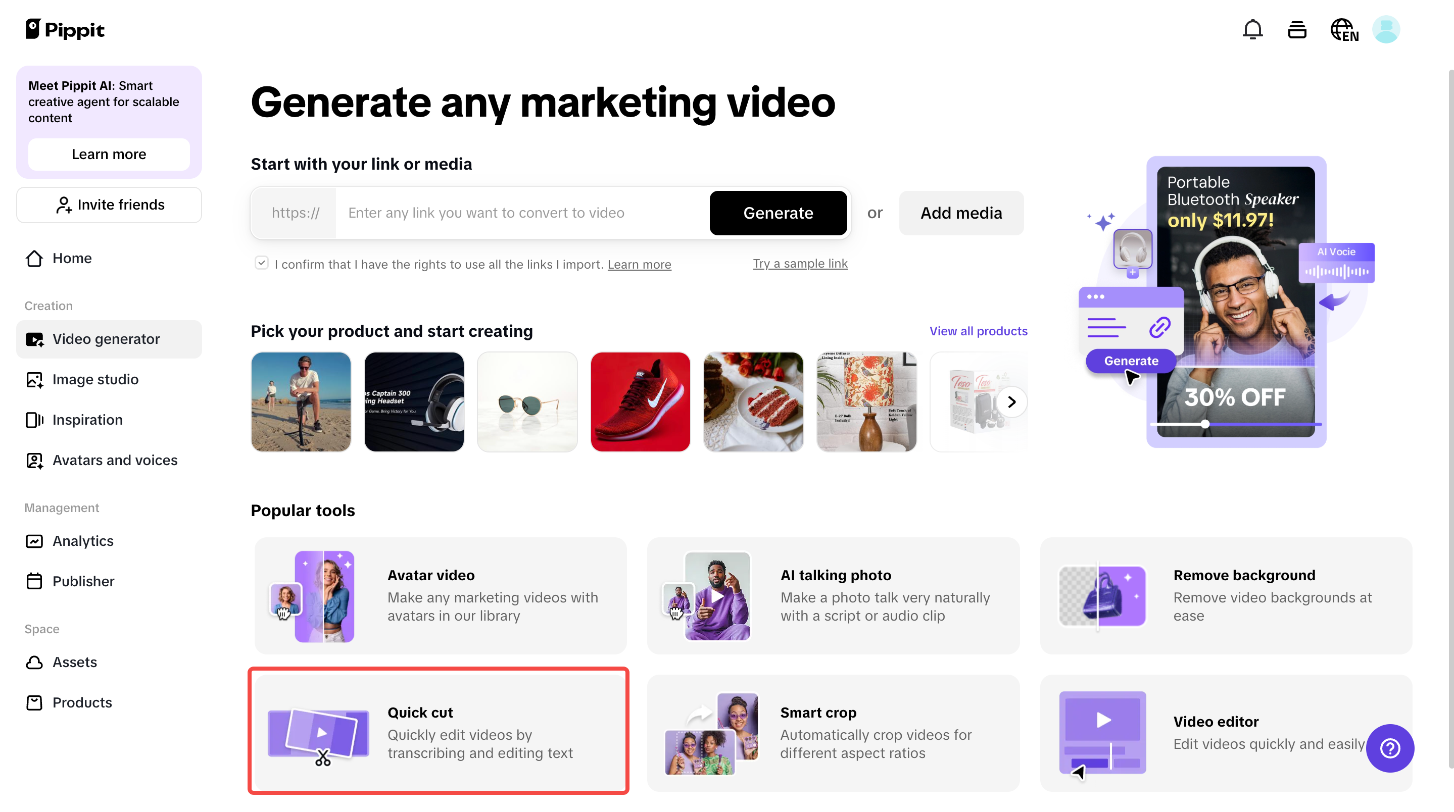 Access the "Quick cut" tool