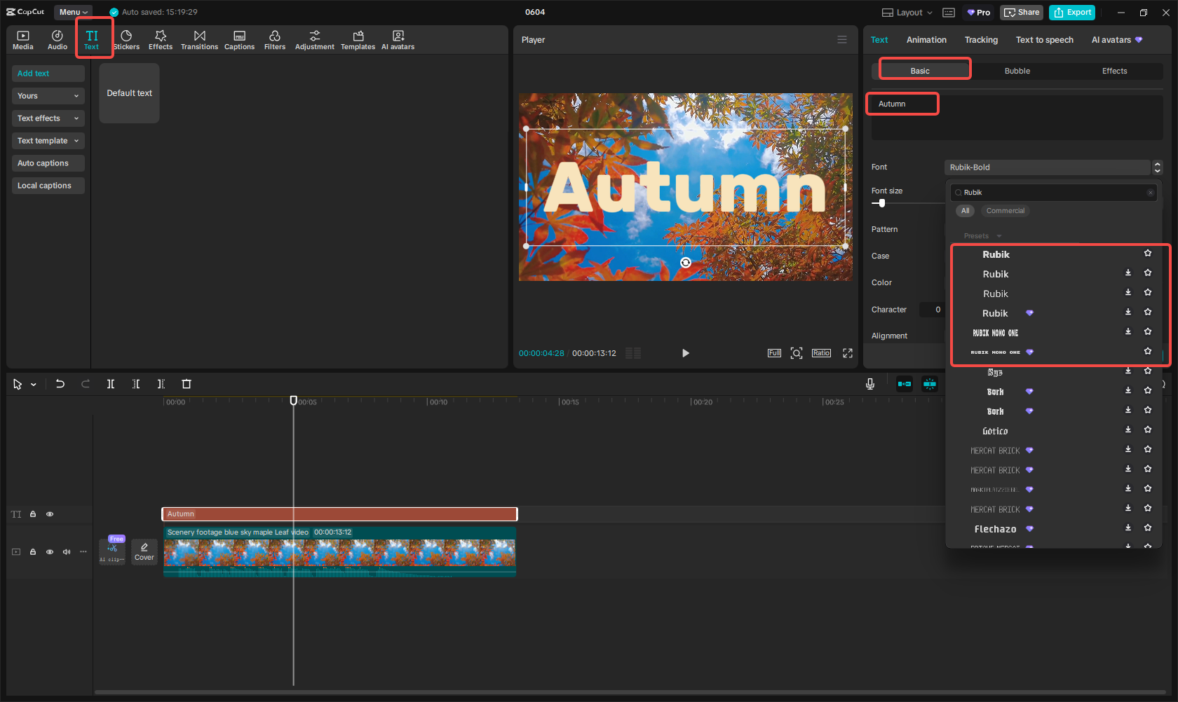 Creating and adding the Rubik font to the video in CapCut