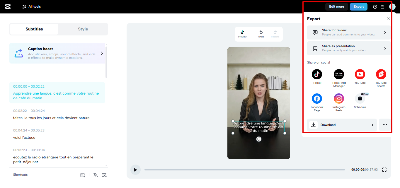 Esportazione di video da CapCut Web