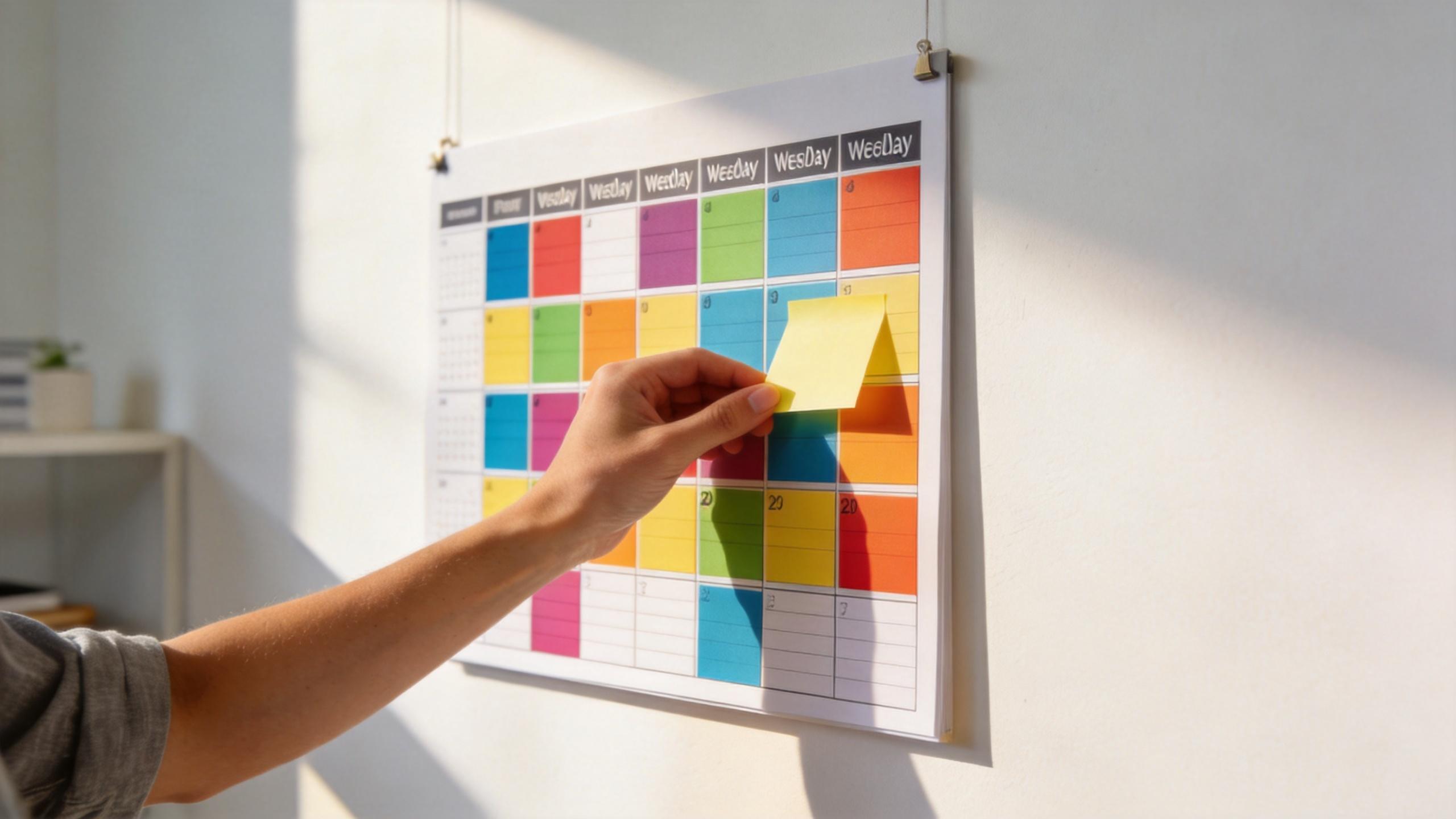 Hand placing a sticky note on a colorful wall calendar