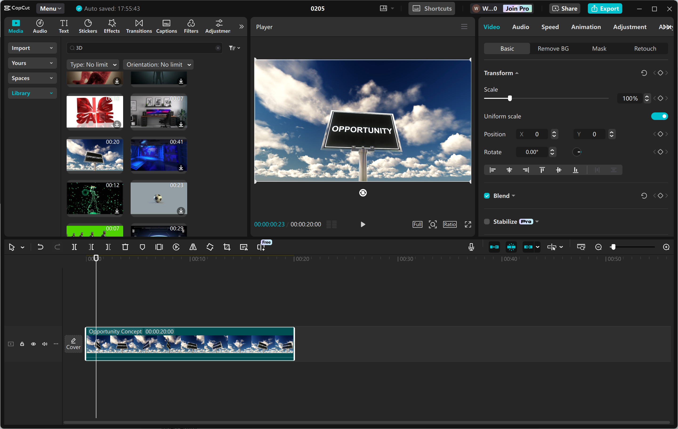 Antara muka CapCut editor video desktop - mengedit video penerangan 3d