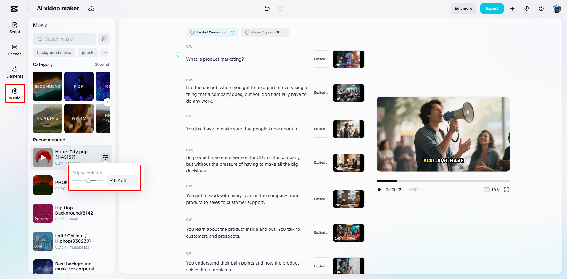 Menambahkan musik latar ke video pemasaran dengan CapCut Web